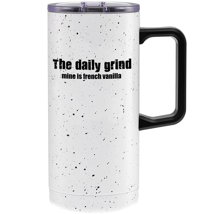 Travel mug with coffee quote