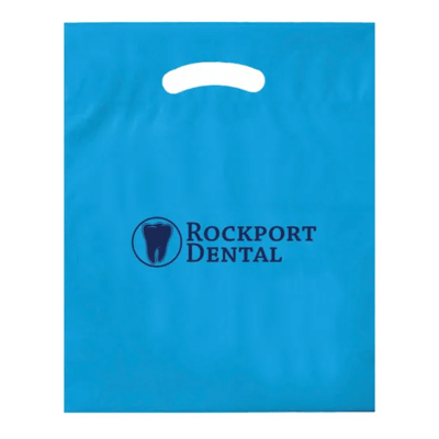 Bright blue plastic bag with die-cut handles and dark blue logo