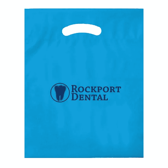 Bright blue plastic bag with die-cut handles and dark blue logo