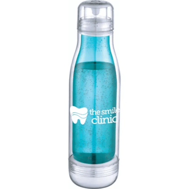 Clear plastic water bottle with white logo and blue glass lining.