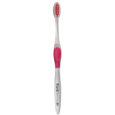 White and fuchsia toothbrush with black logo.