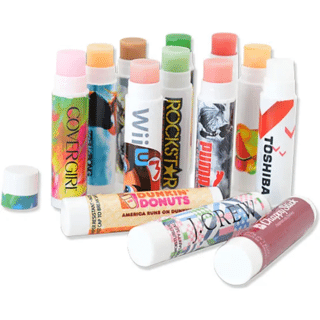 Multiple white tubes of lip balm decorated with colorful logos