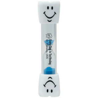 Clear plastic hourglass timer with blue sand, black logo and white smiling teeth on each end.