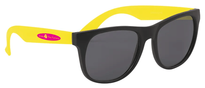 Rubberized horn-rimmed sunglasses with black frames, yellow arms and a red logo