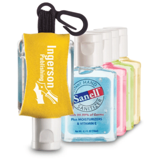 Plastic bottle of Sanell hand sanitizer with yellow nylon sleeve, white logo and black plastic clip