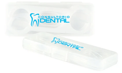 Clear plastic case full of floss picks and decorated with blue logo.