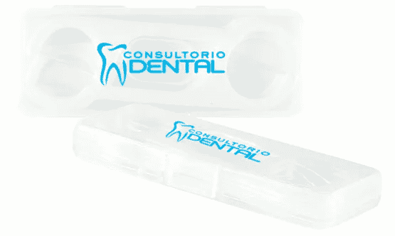 Clear plastic case full of floss picks and decorated with blue logo.