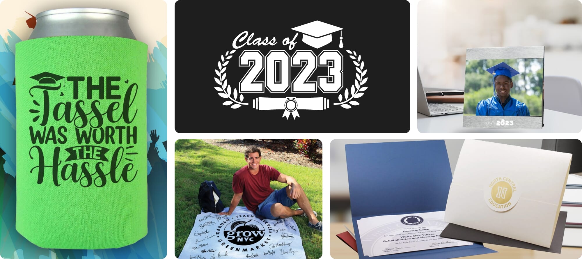 collage of graduation scenes and logos