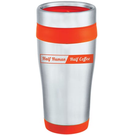 Travel mug with funny coffee saying