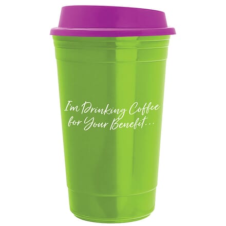 Insulated travel coffee cup with coffee quote