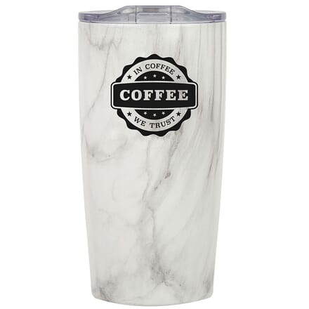 Marble travel mug with coffee saying