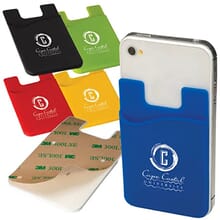Blue silicone phone wallet with white logo attached to the back of a white smartphone