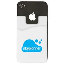 White silicone phone wallet with blue logo attached to the back of a black iPhone