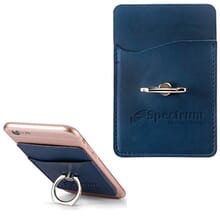 Blue leather phone wallet with attached silver ring stand attached to back of pink iPhone