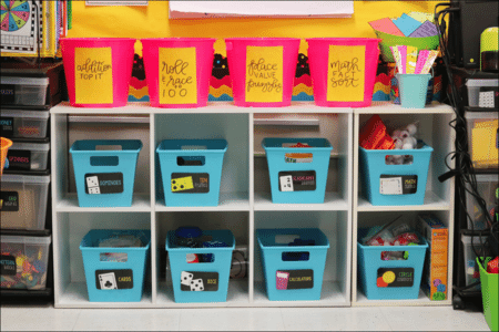 Plastic bins of school supplies in an elementary school classroom labeled with Post-it Extreme Sticky Notes