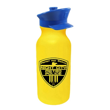 Yellow water bottle with blue police cap lid and logo