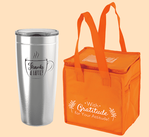 Lunch bag and travel mug with employee appreciation logos