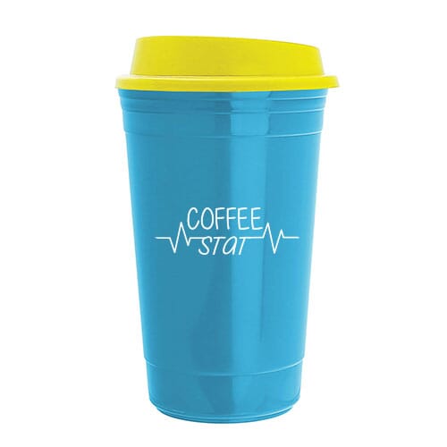 Reusable coffe cup with lid and fun healthcare saying