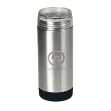 Stainless steel can cooler and tumbler with engraved logo, clear plastic lid and black base