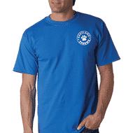 Man wearing royal blue t-shirt with school logo