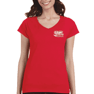 Woman wearing red t-shirt with school logo