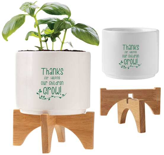 Ceramic and wood planter set with teacher appreciation quote