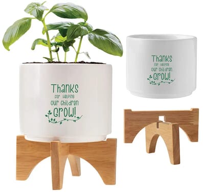 Ceramic and wood planter set with teacher appreciation quote