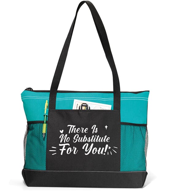 Teal tote bag with teacher appreciation saying