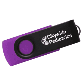 purple flash drive with black metal swivel piece