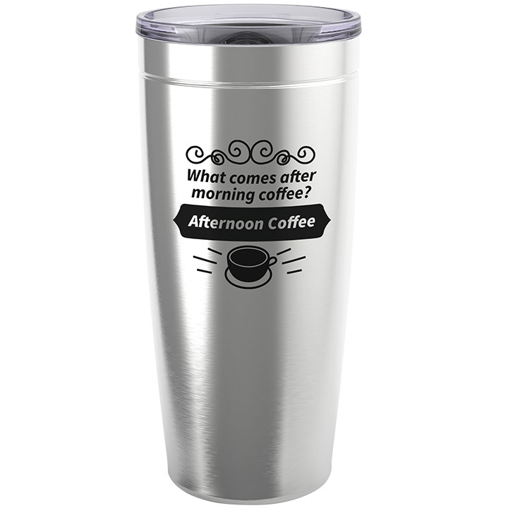 Vacuum insluated travel mug with funny coffee quote