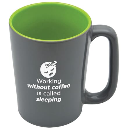 Shiny coffee mug with funny coffee quote
