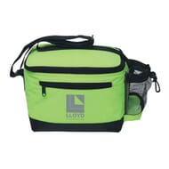 Lime green rectangular cooler bag with gray logo and black trim