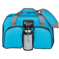 Turquoise duffle bag with gray and black trim, and a white and black leather logo