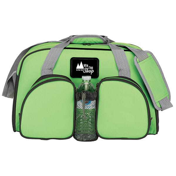 Green duffle bag with gray and black trim and a white logo