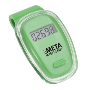 Green and clear plastic pedometer with black logo