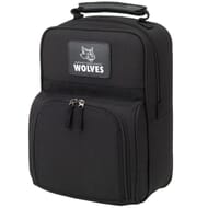 Black zip-up travel shoe bag with rubber handle and a black and white leather logo