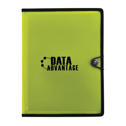 Green padfolio with black trim and white logo