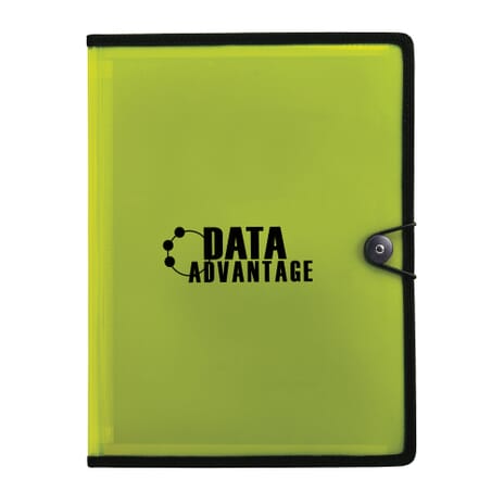 Green padfolio with black trim and white logo