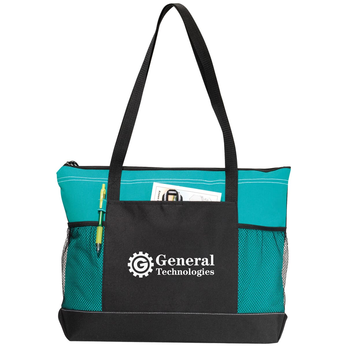 Turquoise and black tote bag with mesh pockets