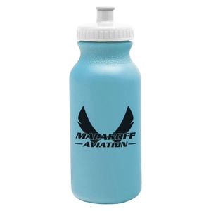 Sky blue plastic water bottle with white logo and white lid