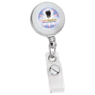 Silver retractable badge reel with full color logo