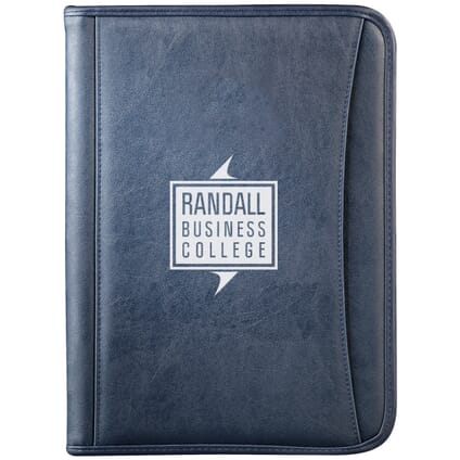 Dark blue faux leather padfolio with white logo