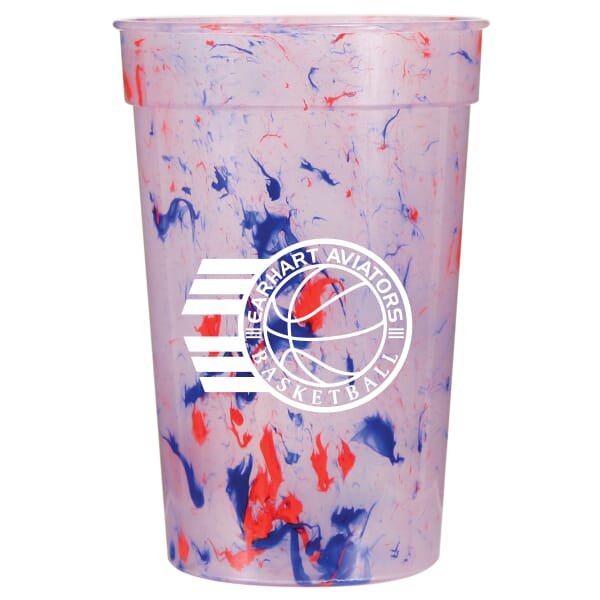 Red, white and blue splatter-print plastic cup with white logo.