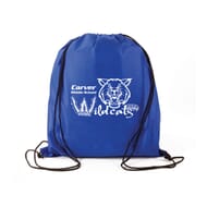 Blue drawstring backpack with white logo and black string straps
