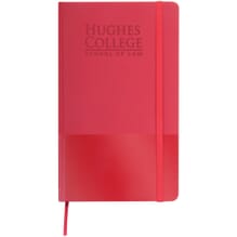 Red notepad with elastic closure and built in bookmark