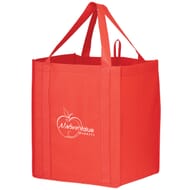 Reusable red tote bag with white logo and shoulder straps
