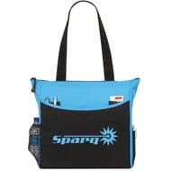 Black and bright blue tote bag with one color logo