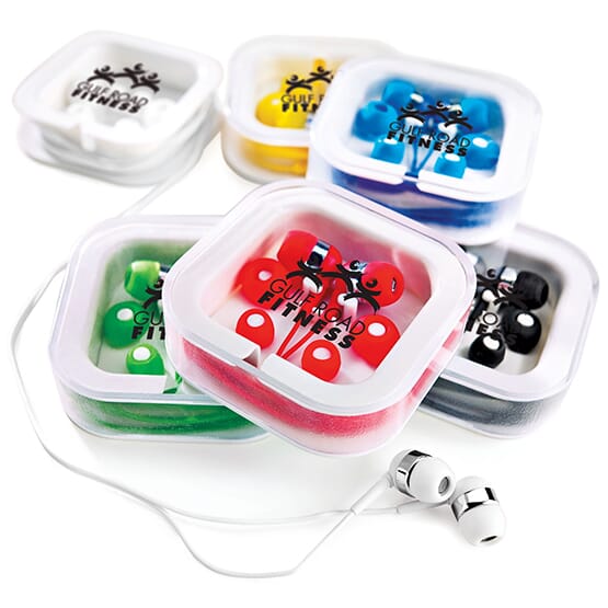 Travel friendly earbuds with logo on case