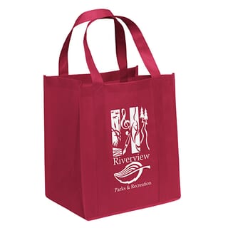 Bright red tote bag with white logo