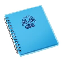 Blue spiral-bound notebook with dark blue logo